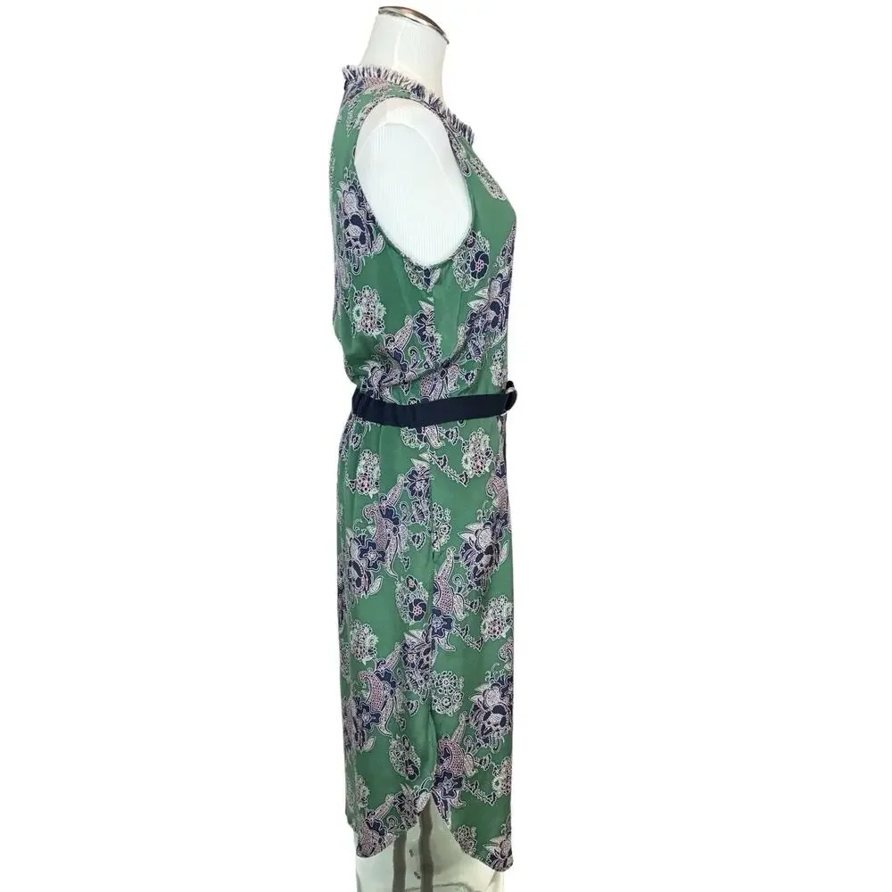 EUC Sea New‎ York Silk Sleeveless Midi Dress. Sz 8 Belted Pockets Fringe Green - Picture 4 of 16
